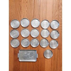 Vintage Aluminum Hammered Coasters + Tray, With Ducks